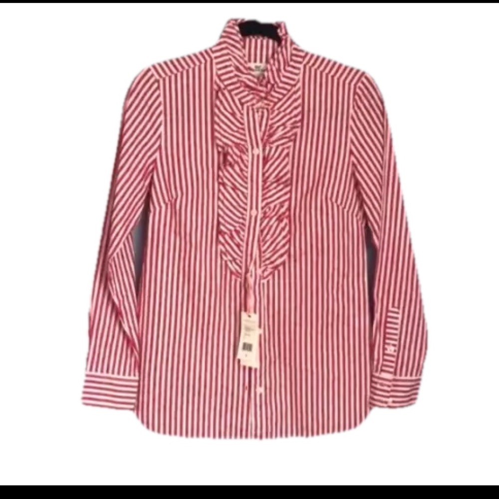 NWT Vineyard Vines 6 Charm Pink Telin Striped Polka Dot Ruffle Shirt Blouse N60